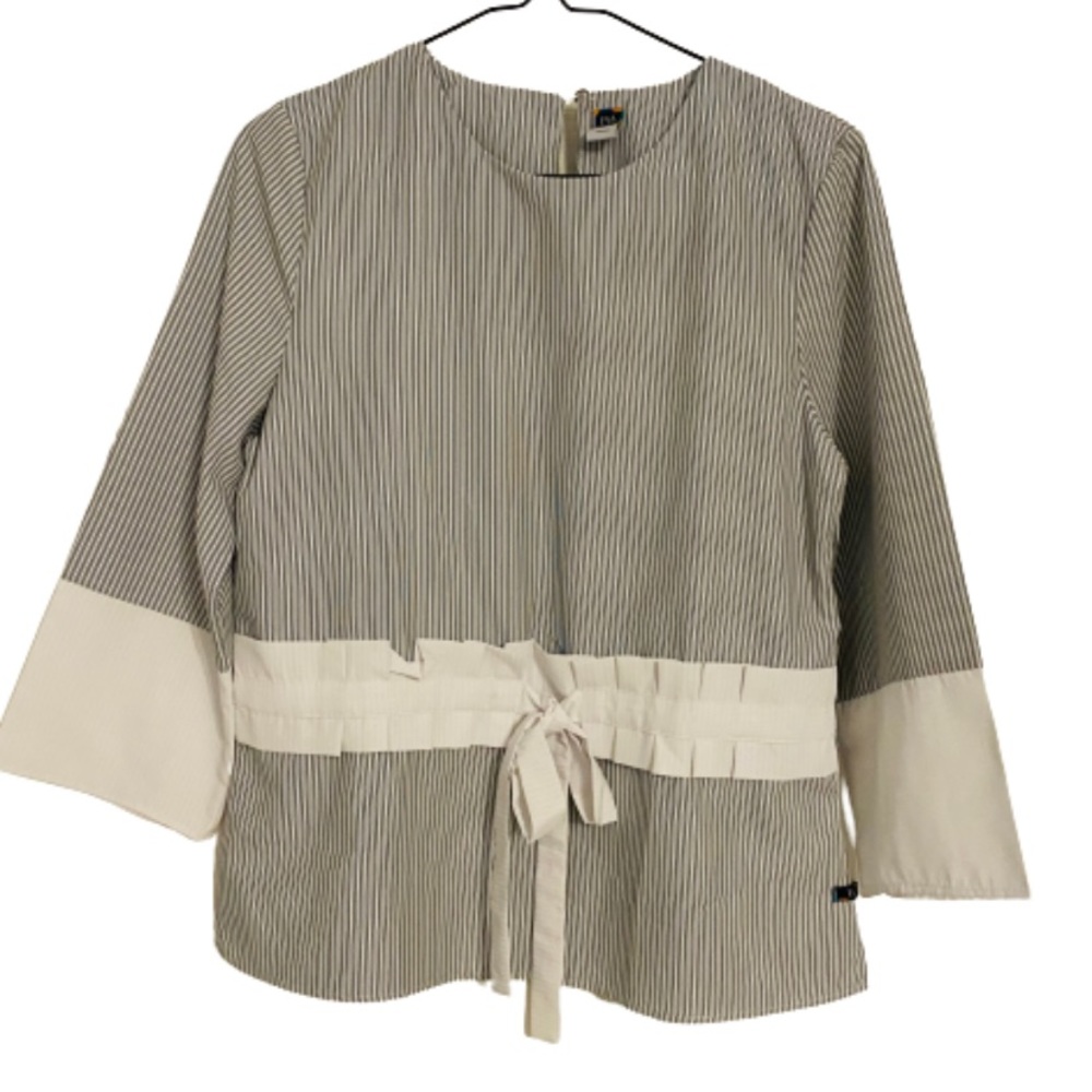 Bayo | Striped Blue Blouse Top with Beautiful Sleeve and Bow Detail, Small